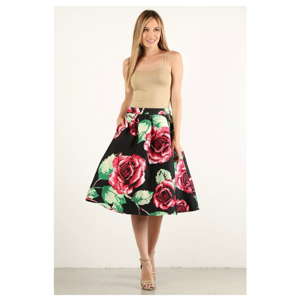 Red Rose Vintage Skirt Mid Lenght